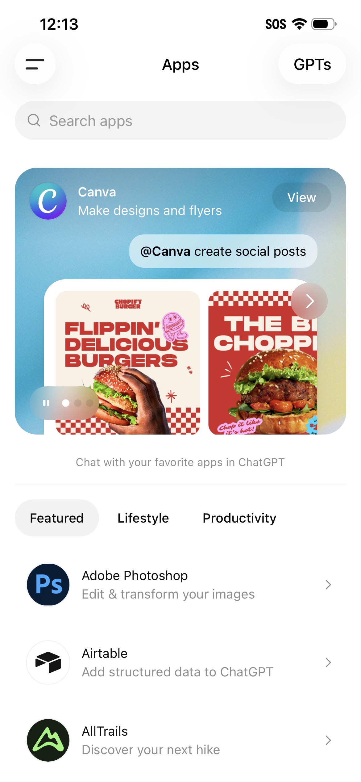 The ChatGPT Apps page with the search bar at the top