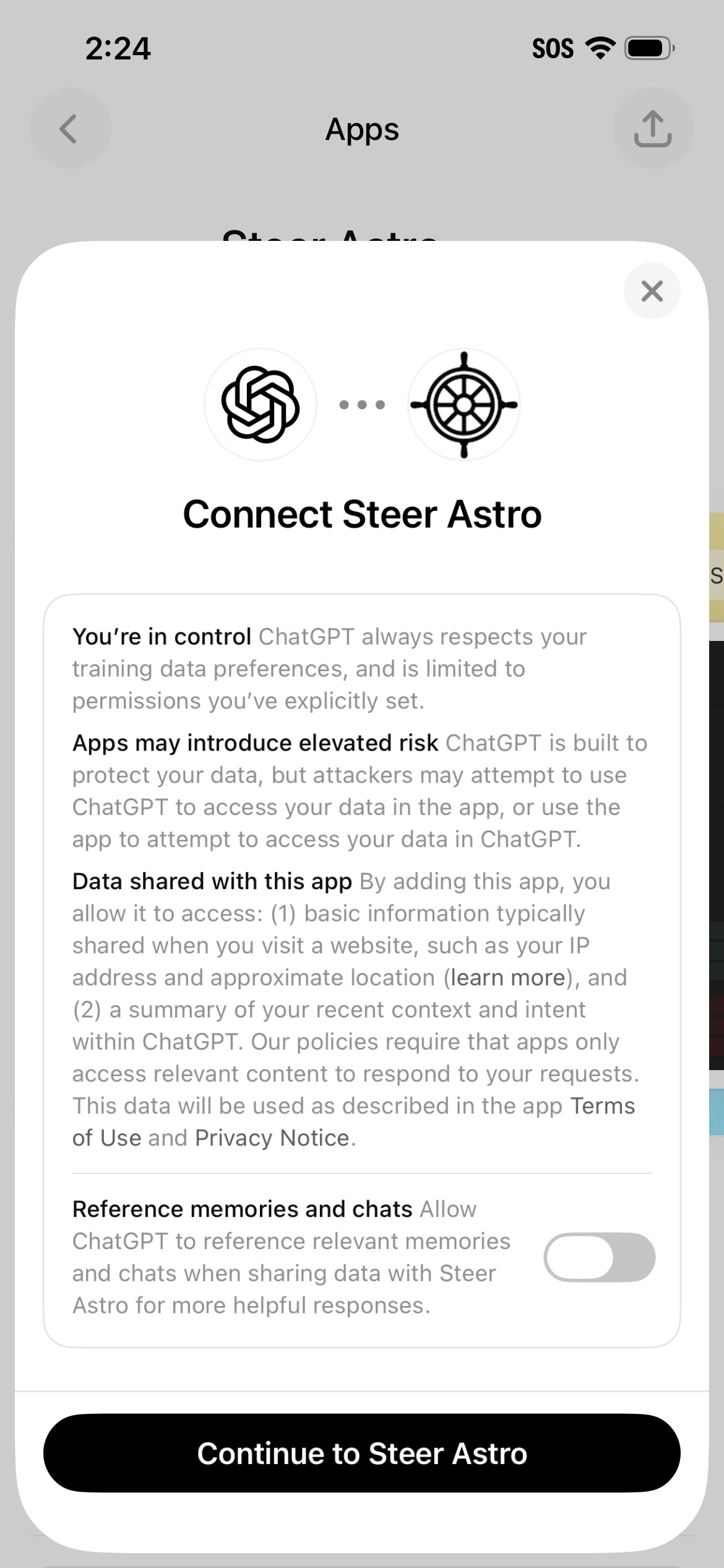 ChatGPT permissions screen for connecting Steer Astro