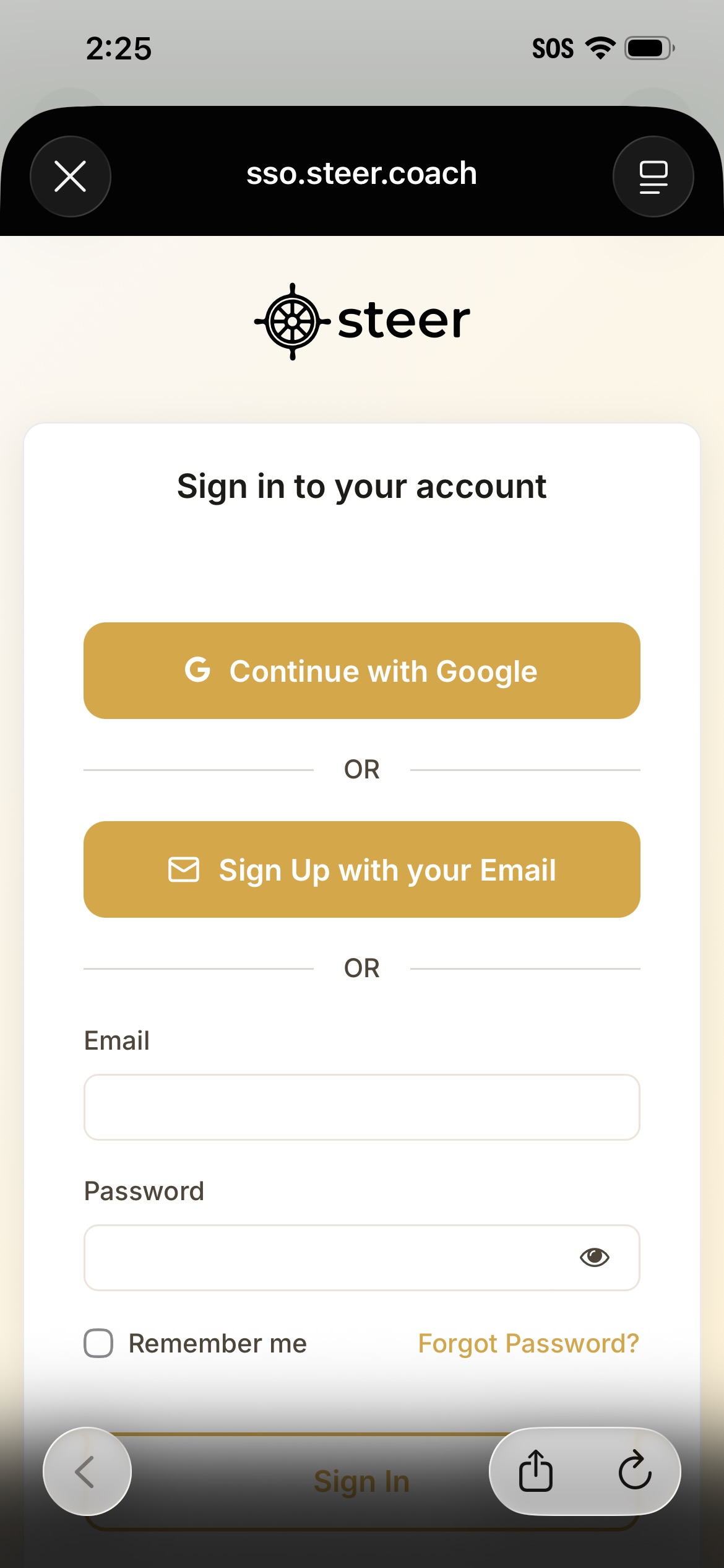 Steer sign-in page with Google and email options