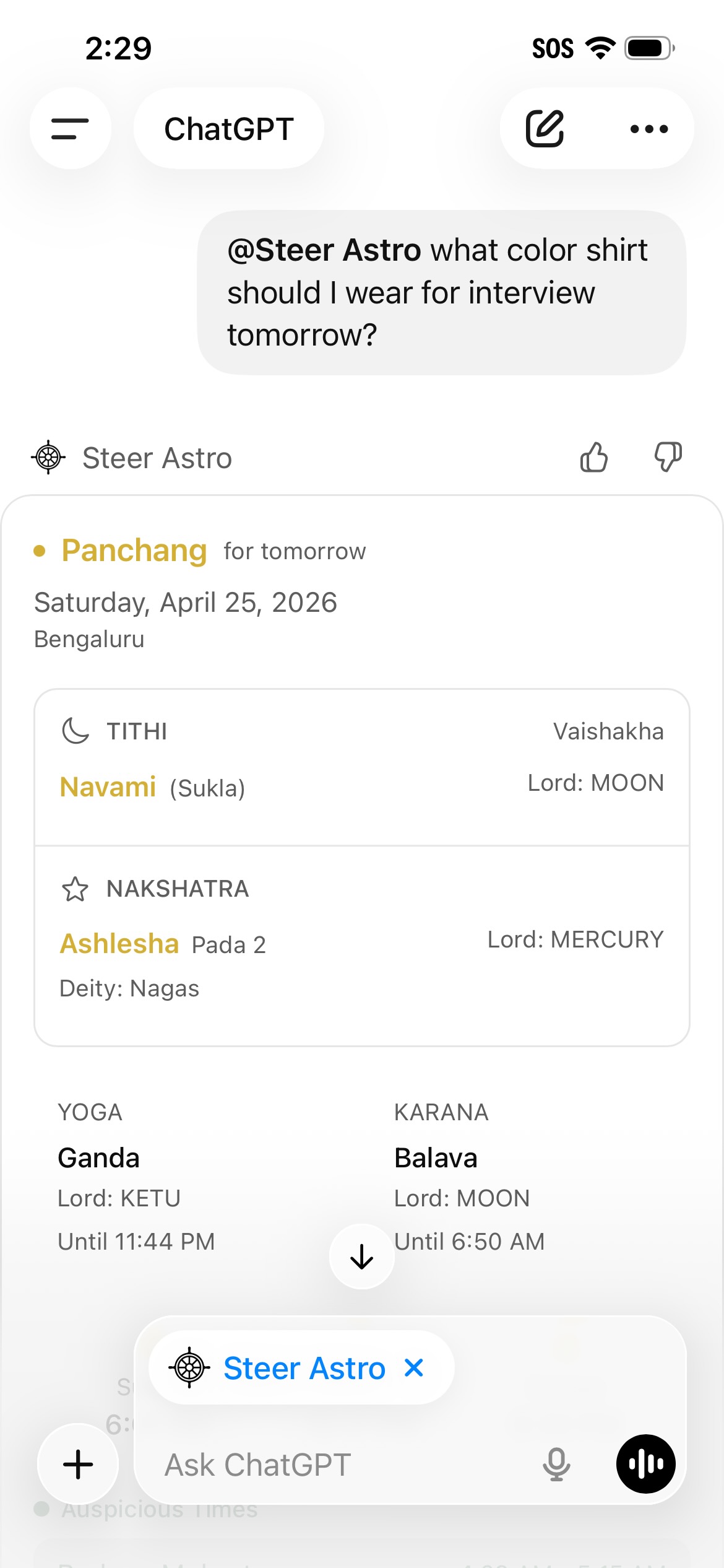 Steer Astro answering a question with panchang data