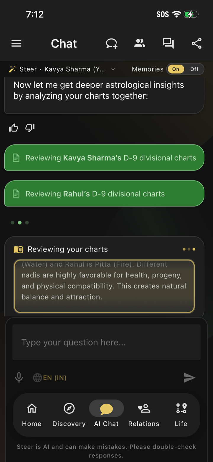 The Steer app's AI chat analyzing compatibility from your saved charts