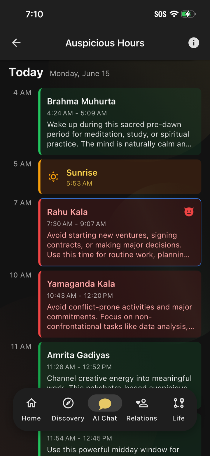 The Steer app showing the day's auspicious and inauspicious hours — Brahma Muhurta, Rahu Kaal, with sunrise and sunset