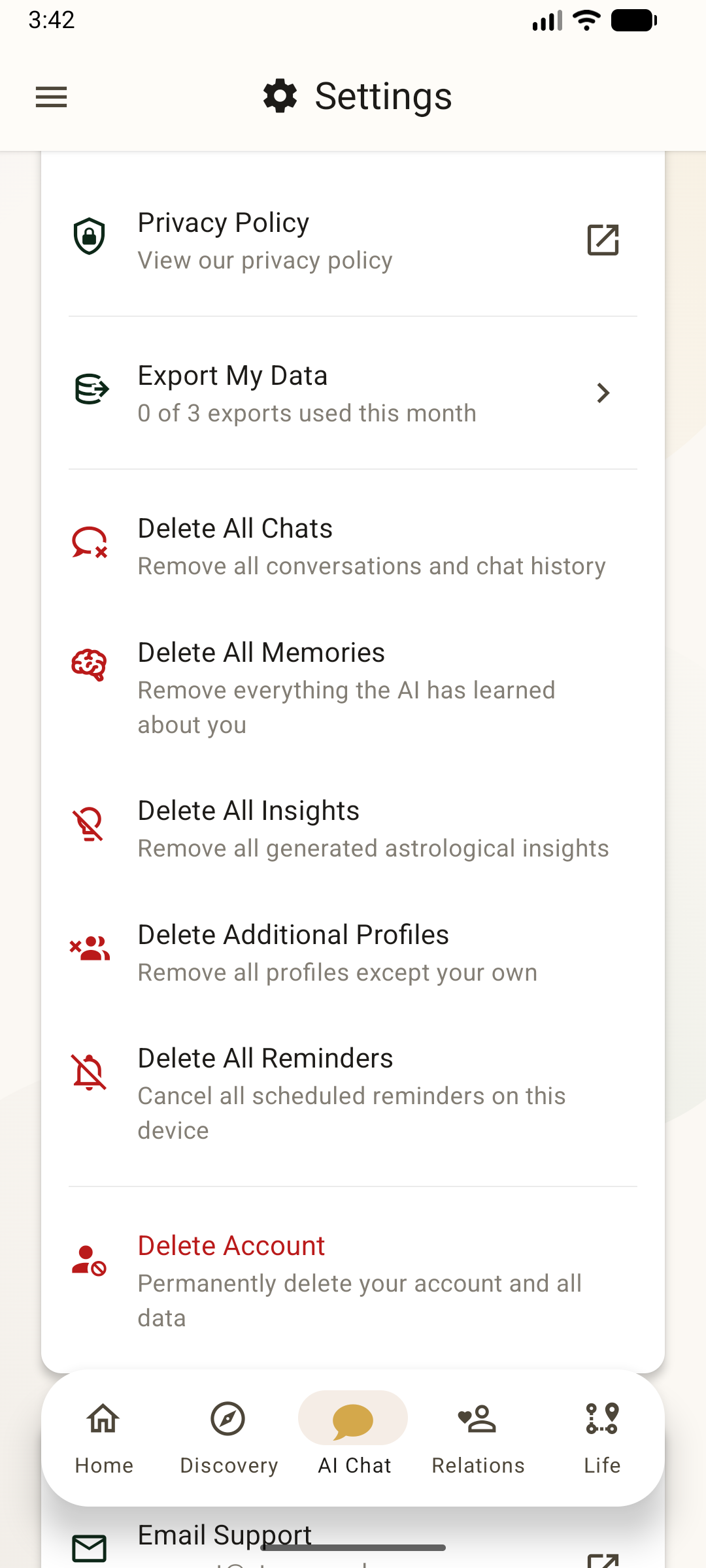 Steer app Settings screen showing Export My Data, Delete All Chats, Delete All Memories, Delete All Insights, Delete Additional Profiles, Delete All Reminders, and Delete Account options.