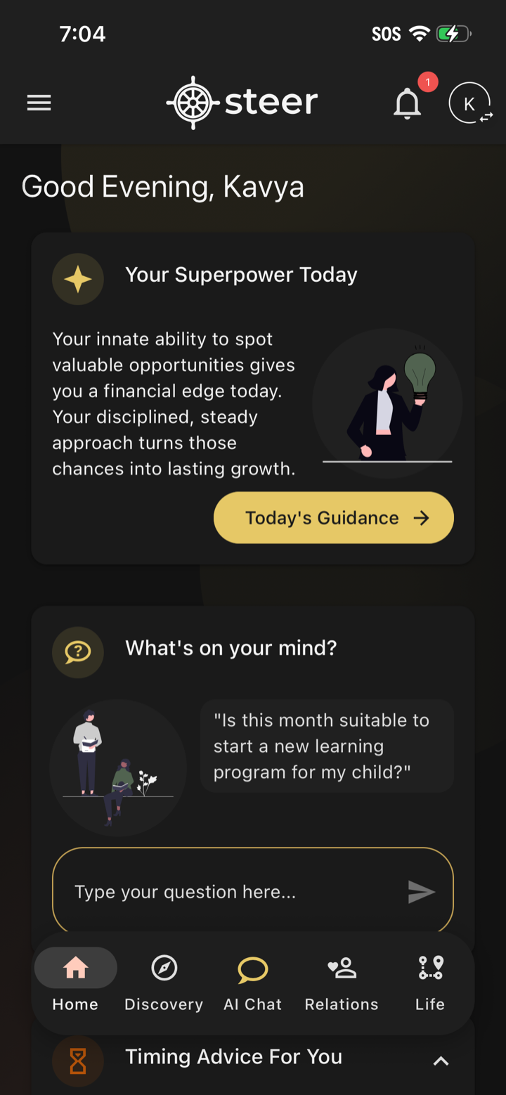 The Steer app home screen — your personalized daily dashboard