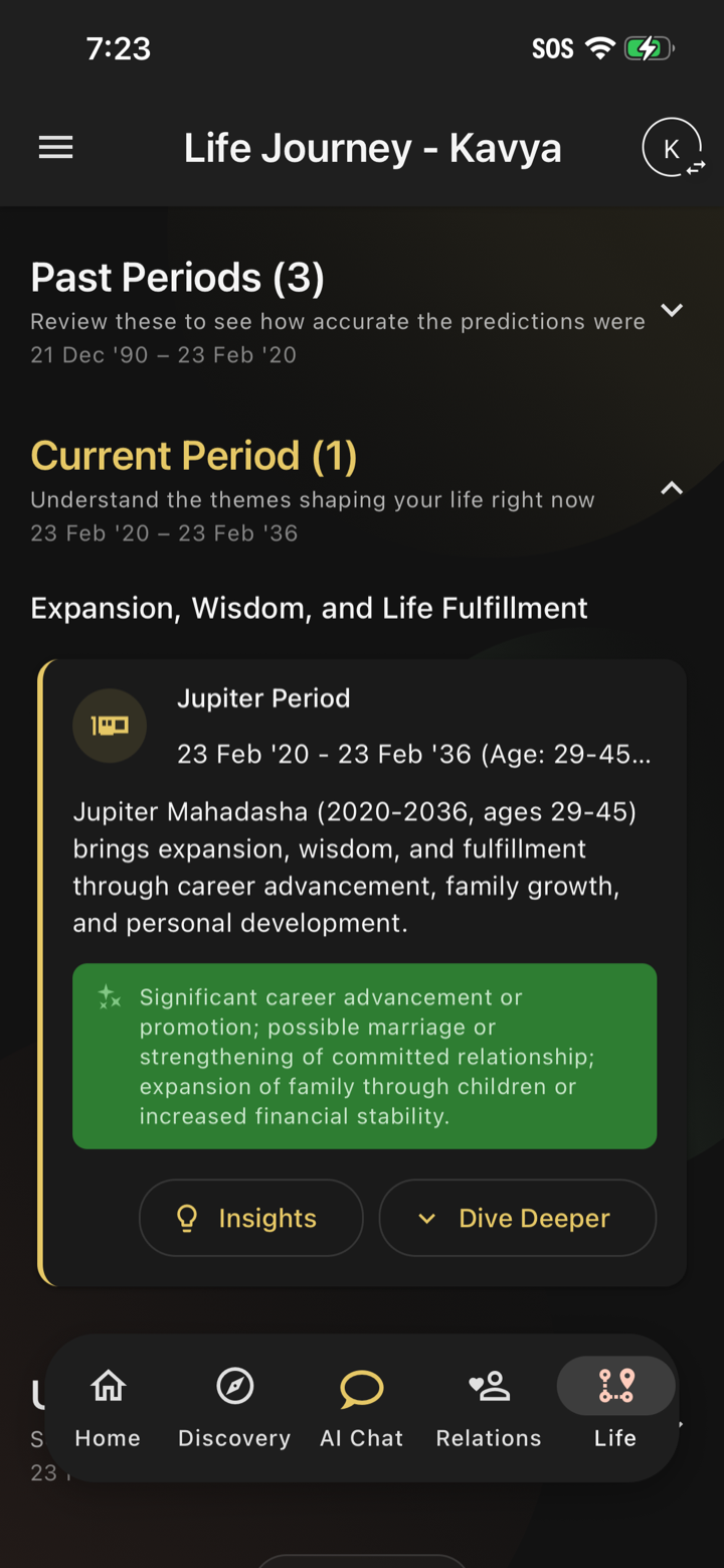 The Steer app's life journey view with past periods, the current period, and what each one means