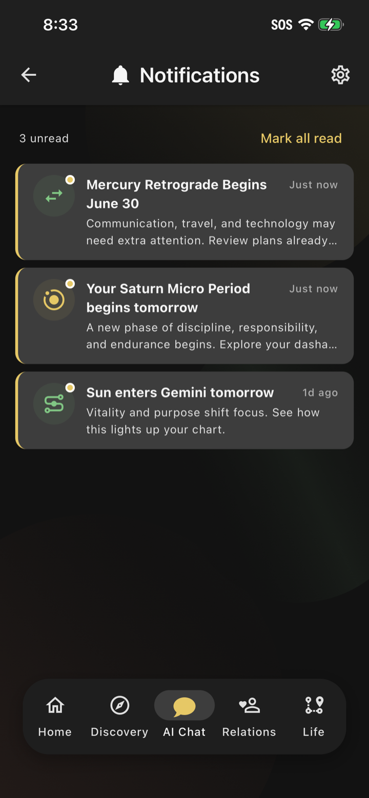The Steer app's notifications — retrograde, micro-period, and planetary ingress alerts