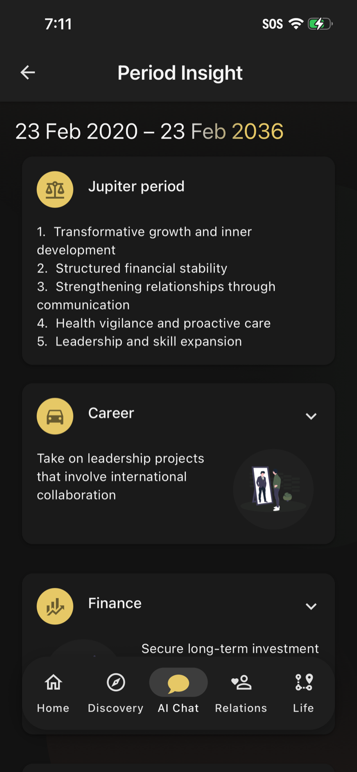 The Steer app showing insights for a life period across career, finance, and health