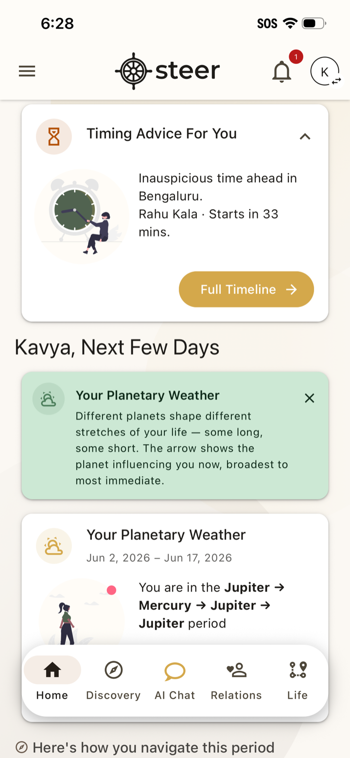 The Steer app showing your timing advice and planetary weather for the days ahead