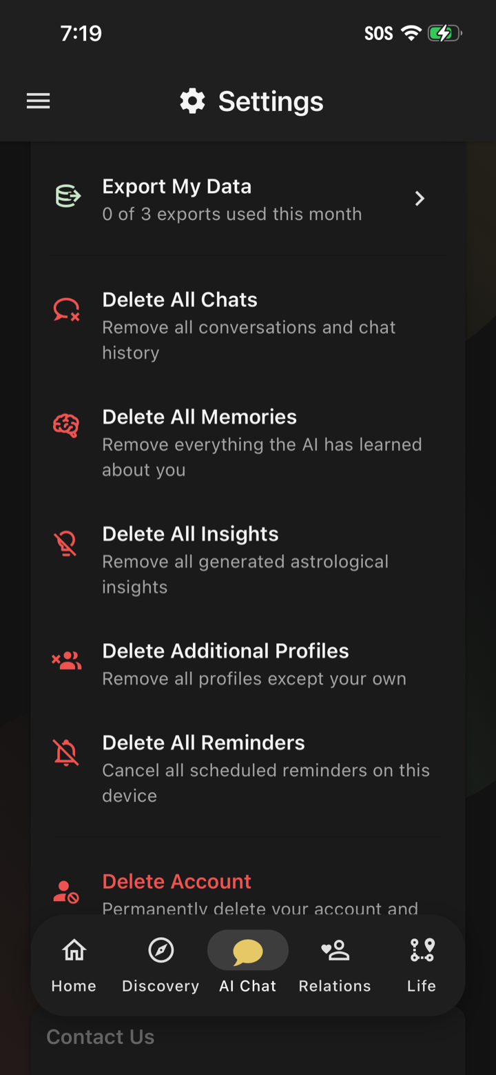 The Steer app's privacy controls — export your data, or delete chats, memories, insights, profiles, or your whole account