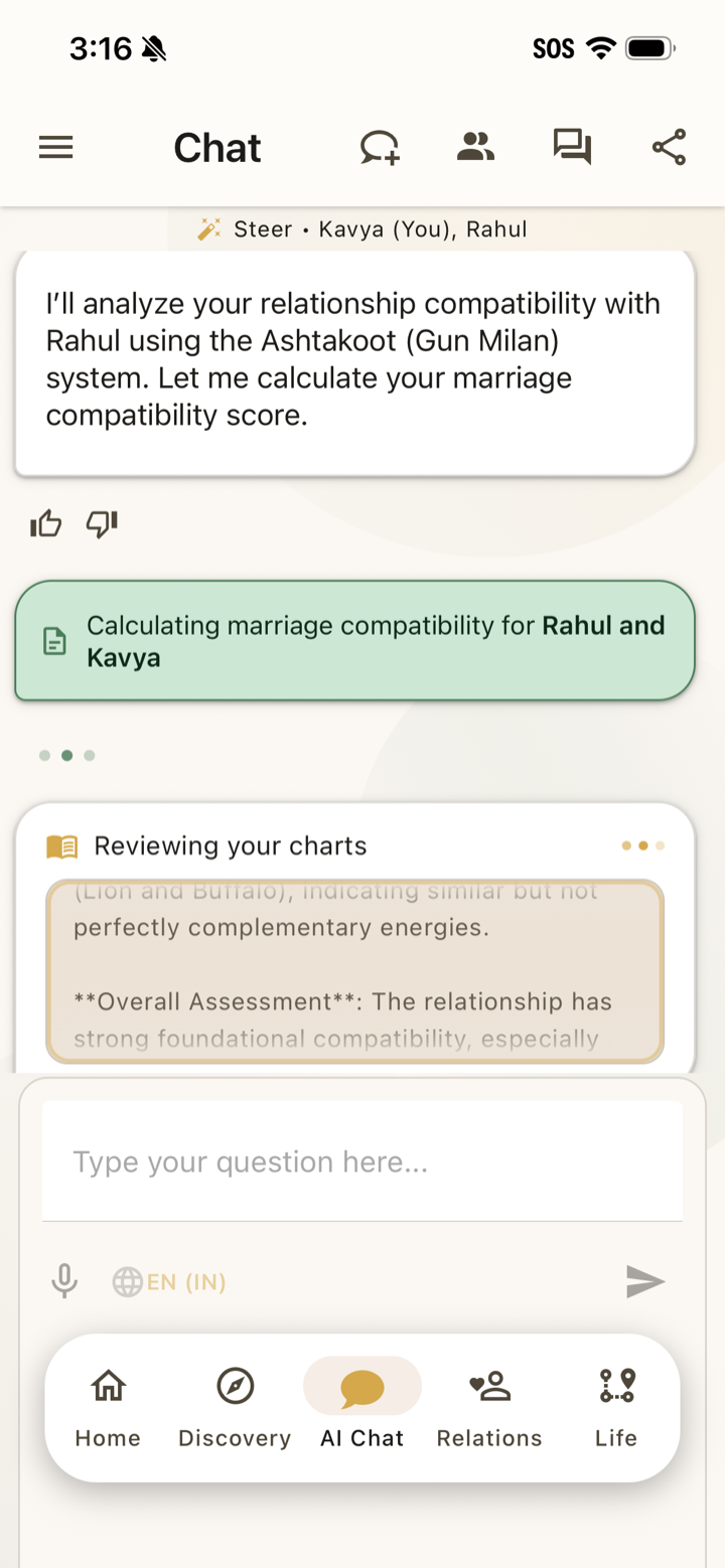 The Steer app AI chat reading two charts together — calculating marriage compatibility for Kavya and Rahul