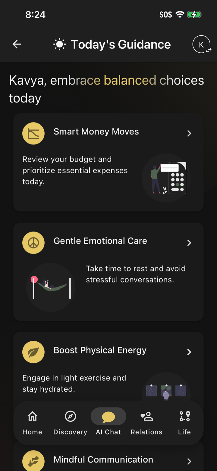 The Steer app showing today's guidance cards — money, emotions, energy, and communication
