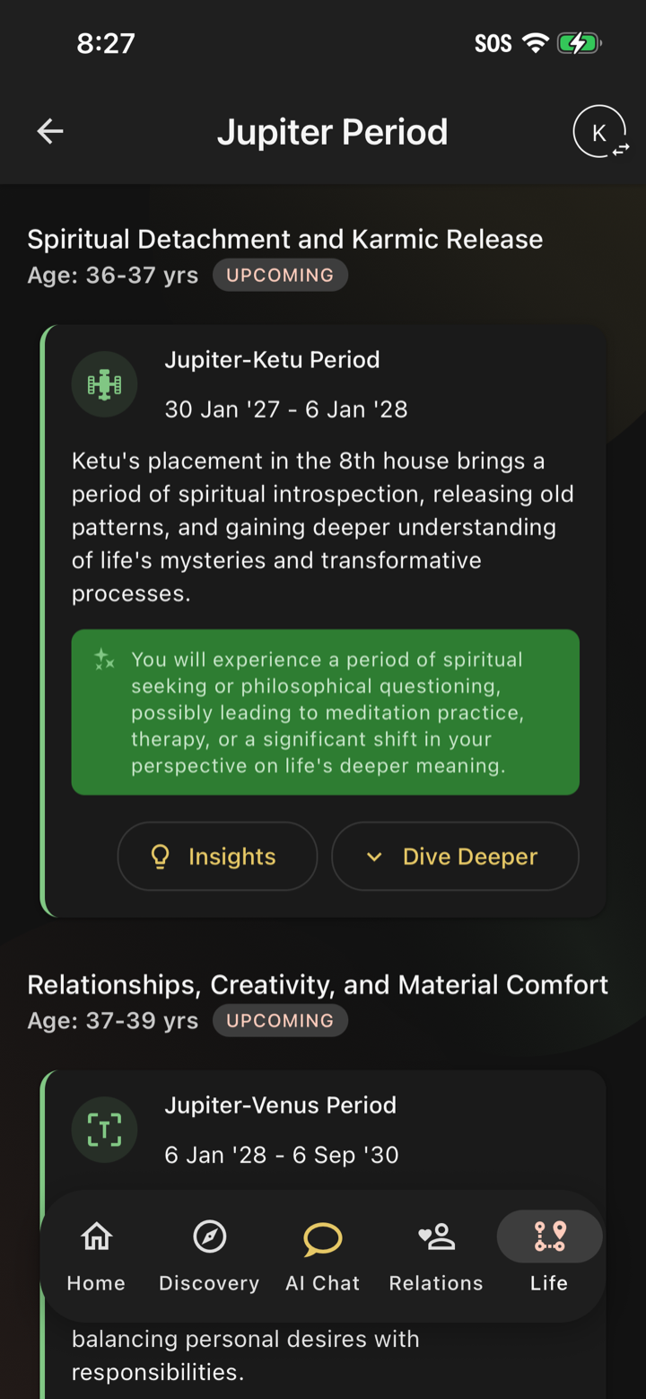 The Steer app showing upcoming life periods with their themes, so you can plan ahead
