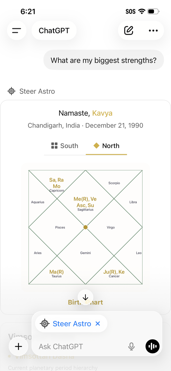 Chatting with Steer Astro inside ChatGPT — a Vedic birth chart and reading appear in the conversation